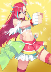 Rule 34 | 1girl, absurdres, aqua hair, cure flamingo, fingerless gloves, gloves, gradient background, hair between eyes, hair ornament, highres, huai diao de zongzi, looking at viewer, magical girl, midriff, multicolored hair, navel, precure, purple eyes, red hair, red skirt, skirt, solo, takizawa asuka, thighhighs, thighs, tropical-rouge! precure, two-tone hair, white thighhighs, yellow background