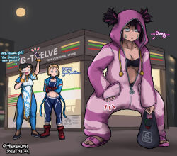 Rule 34 | 3girls, bag, black bra, bra, bracelet, breasts, cammy white, capcom, chinese clothes, chun-li, cleavage, convenience store, cosplay, crop top, cropped jacket, crossed arms, english text, han juri, hand in pocket, hershuar, hood, jewelry, kigurumi, medium breasts, multiple girls, night, official alternate costume, official alternate hairstyle, pants, sandals, shop, shopping bag, street fighter, street fighter 6, sweatdrop, tight clothes, tight pants, twintails, underwear, unzipped