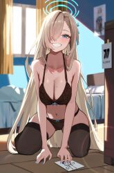 Rule 34 | 1girl, absurdres, doodle sensei (blue archive), asuna (blue archive), asuna (bunny) (blue archive), bare arms, bare shoulders, bed, black bra, black panties, black thighhighs, blonde hair, blue archive, blue eyes, blue nails, blue ribbon, blush, bow, bow bra, bow panties, bra, breasts, cleavage, collarbone, hair ornament, hair over one eye, hair ribbon, halo, harui (huruyi 817), highres, indoors, kneeling, large breasts, long hair, looking at viewer, mole, mole on breast, nail polish, navel, one eye covered, panties, ribbon, sensei (blue archive), smile, solo, thighhighs, underwear, underwear only