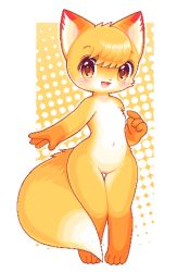 Rule 34 | 1girl, :d, animal ears, animal nose, blush, body fur, breasts, commentary request, dotted background, fox, fox ears, fox girl, fox tail, full body, furry, furry female, hair between eyes, looking at viewer, lowres, navel, no nipples, open mouth, orange background, orange eyes, orange fur, orange hair, original, simple background, small breasts, smile, solo, standing, tail, takiune, two-tone fur, white background, white fur, wide hips, yellow eyes