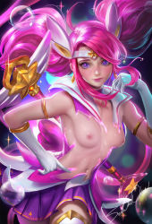 Rule 34 | 1girl, alternate costume, alternate hairstyle, armlet, breasts, breasts out, circlet, dissolving clothes, eyelashes, female focus, gloves, gradient background, highres, league of legends, lips, lipstick, looking at viewer, lux (league of legends), magical girl, makeup, miniskirt, navel, nipples, pink hair, pleated skirt, purple skirt, sakimichan, skirt, solo, staff, star guardian (league of legends), star guardian lux, thighhighs, upper body, white gloves, zettai ryouiki