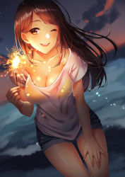 Rule 34 | 1girl, ;d, bikini, bikini under clothes, breasts, brown eyes, brown hair, cleavage, commentary request, denim, denim shorts, dutch angle, fireworks, hand on own leg, highres, holding, kitazume kumie, large belt, leaning forward, long hair, looking at viewer, medium breasts, night, ocean, one eye closed, open mouth, original, round teeth, shirt, short shorts, short sleeves, shorts, smile, solo, sparkler, standing, sunset, swimsuit, teeth, upper teeth only, white shirt, yellow bikini