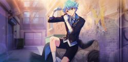 Rule 34 | 1boy, :o, afterl!fe, blue hair, brown eyes, flexing, formal, highres, jamie (afterl!fe), looking at viewer, male focus, official art, open mouth, second-party source, short hair, shorts, sitting, solo, suit, tailcoat