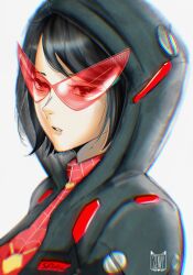 Rule 34 | 1girl, absurdres, aged up, artist logo, artist name, averting eyes, bags under eyes, black hair, black hoodie, bob cut, bodysuit, breasts, brown eyes, close-up, depressed, from side, hair ornament, hairclip, highres, hood, hood up, hoodie, itszenvy, lips, looking to the side, lowered eyelids, making-of available, marvel, medium breasts, open clothes, open hoodie, parted lips, peni parker, pilot suit, portrait, red-tinted eyewear, red bodysuit, short hair, simple background, solo, spider-man (series), sunglasses, swept bangs, tinted eyewear, triangular eyewear, upper body, white background