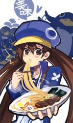 Rule 34 | brown hair, disgaea, eating, food, hat, kazamatsuri fuuka, makai senki disgaea 4, prinny