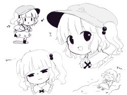 Rule 34 | 1girl, aramaki scaltinof, backpack, bag, beamed eighth notes, blunt bangs, blush, boots, bow, chibi, closed eyes, commentary request, flat cap, hair bobbles, hair bow, hair ornament, hat, kawashiro nitori, key, long sleeves, looking at viewer, lying, monochrome, multiple tails, multiple views, musical note, notice lines, open mouth, pocket, rei (tonbo0430), shirt, simple background, skirt, skirt set, smile, spot color, tail, touhou, translation request, two side up, white background