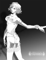 Rule 34 | 1girl, ass, breasts, corset, grasshopper manufacture, lingerie, paula, shadows of the damned, short hair, solo, thighhighs, thong, underwear