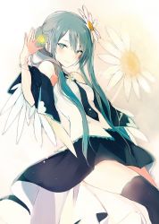 Rule 34 | 1girl, aqua eyes, aqua hair, bare shoulders, black skirt, black thighhighs, bracelet, breasts, closed mouth, commentary, detached sleeves, flower, hair between eyes, hair flower, hair ornament, hatsune miku, heart, jewelry, long hair, looking at viewer, lpip, medium breasts, necktie, shirt, skirt, smile, solo, thighhighs, twintails, vocaloid, white shirt