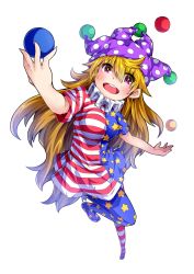 Rule 34 | 1girl, american flag dress, american flag legwear, ball, blonde hair, blush, breasts, clownpiece, dress, full body, hat, highres, ishimu, jester cap, long hair, medium breasts, neck ruff, open mouth, pantyhose, pink eyes, polka dot, short dress, short sleeves, simple background, solo, star (symbol), star print, striped clothes, striped pantyhose, touhou, white background