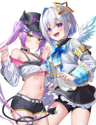 Rule 34 | 2girls, absurdres, amane kanata, amane kanata (1st costume), angel, angel wings, armband, asymmetrical bangs, bare shoulders, baseball cap, black choker, black headwear, black shorts, black skirt, black tank top, blue bow, blue bowtie, blue hair, blue wings, blush, bow, bowtie, breasts, choker, closed mouth, collarbone, colored inner hair, crop top, cropped jacket, demon girl, demon tail, ear piercing, fake horns, feathered wings, frilled skirt, frills, gradient hair, gradient wings, green eyes, grey hair, grey jacket, hair ornament, hairclip, halo, hat, highres, hololive, horned headwear, horns, jacket, long hair, long sleeves, medium breasts, midriff, miniskirt, multicolored hair, multicolored wings, multiple girls, navel piercing, o-ring, o-ring choker, off shoulder, open mouth, piercing, pink hair, purple eyes, purple hair, sailor collar, saio425, shirt, short hair, short shorts, shorts, single hair intake, skirt, sleeve cuffs, sleeves past wrists, smile, star halo, streaked hair, tail, tail ornament, tail piercing, tank top, tokoyami towa, tokoyami towa (1st costume), turtleneck, twintails, virtual youtuber, white background, white jacket, white shirt, white wings, wide sleeves, wings