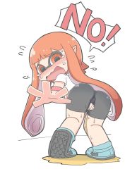 Rule 34 | 1girl, ass, between legs, bike shorts, blue footwear, blunt bangs, blush, domino mask, embarrassed, english text, female focus, flying sweatdrops, from behind, full body, hand between legs, heel up, highres, inkling player character, long hair, looking at viewer, looking back, mask, matching hair/eyes, nintendo, nose blush, ooyama bokuchi, open mouth, orange eyes, orange hair, outstretched arm, peeing, peeing self, pigeon-toed, pointy ears, puddle, shirt, shoes, short sleeves, simple background, solo, speech bubble, splatoon (series), standing, sweat, talking, tears, tentacle hair, tentacles, twintails, wet, wet clothes, white background, white shirt, wristband