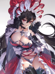 Rule 34 | 1girl, black hair, black legwear, breasts, choker, cleavage, collarbone, commentary request, elbow gloves, frills, fur trim, ginklaga, gloves, gradient background, grey background, hair between eyes, highres, illya (princess connect!), large breasts, long hair, looking at viewer, navel, princess connect!, red eyes, smile, solo, white gloves