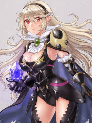 Rule 34 | 1girl, armpits, black cape, black gloves, black thighhighs, blush, breasts, cape, cleavage, cleavage cutout, clothing cutout, corrin (female) (fire emblem), corrin (fire emblem), detached collar, dragonstone, fire emblem, fire emblem fates, fire emblem heroes, gem, gloves, grey background, grey hair, hairband, hazuki (nyorosuke), highres, large breasts, leotard, long hair, looking at viewer, nintendo, official alternate costume, pointy ears, red eyes, sideboob, simple background, sleeveless, smile, solo, stone, thighhighs, torn cape, torn clothes