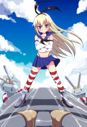 Rule 34 | 10s, 1girl, bad id, bad pixiv id, blonde hair, blue eyes, blush, boots, cloud, crossed arms, day, elbow gloves, ereraero, gloves, grey footwear, gunbuster pose, hairband, highleg, kantai collection, lifebuoy, long hair, navel, rensouhou-chan, sailor collar, shimakaze (kancolle), skirt, sky, solo, striped clothes, striped thighhighs, swim ring, thighhighs, wind