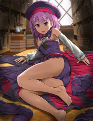 Rule 34 | 1girl, :p, armpits, ass, bare legs, bare shoulders, barefoot, book, detached sleeves, fate/grand order, fate (series), feet, flat chest, hat, helena blavatsky (fate), helena blavatsky (third ascension) (fate), looking at viewer, panties, purple eyes, purple hair, sefirot, short hair, smile, solo, strapless, toes, tongue, tongue out, tsuyadashi shuuji, underwear