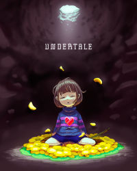 Rule 34 | androgynous, bad id, bad pixiv id, brown hair, closed eyes, copyright name, flower, flower bed, frisk (undertale), gender request, heart, hole, light rays, petals, shorts, sitting, solo, stick, striped clothes, striped sweater, sweater, tori hata, underground, undertale, wariza
