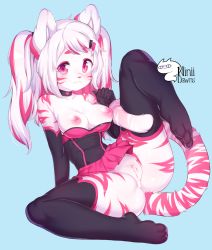 Rule 34 | :3, animal ears, arm support, bar censor, bare shoulders, black choker, black gloves, black legwear, blue background, body markings, breasts, breasts out, censored, choker, colored skin, dress, elbow gloves, facial mark, furry, gloves, hair ornament, hairpin, hand up, heart, heart choker, highres, long hair, medium breasts, multicolored hair, niniidawns, nipples, original, pink dress, pink eyes, pink hair, pleated dress, pussy, short dress, short eyebrows, simple background, sitting, smile, snout, spread legs, swept bangs, tail, tail around own leg, tail raised, thighhighs, thighs, twintails, white hair, white skin
