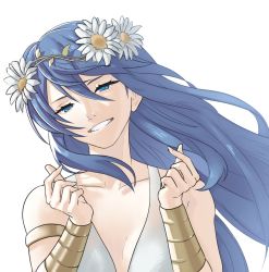 Rule 34 | 1girl, blue eyes, blue hair, breasts, dress, fire emblem, fire emblem awakening, fire emblem heroes, flower, gesture, grin, hair between eyes, hair flower, hair ornament, head wreath, heart, highres, long hair, looking at viewer, lucina (fire emblem), lucina (valentine) (fire emblem), medium breasts, nintendo, official alternate costume, pomelomelon, smile, solo, symbol-shaped pupils, upper body, white background