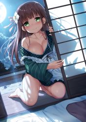 Rule 34 | 1girl, apron, areola slip, bare legs, barefoot, blunt bangs, blush, breasts, brown hair, cleavage, closed mouth, cloud, collarbone, commentary request, ezoshika, flower, full moon, gochuumon wa usagi desu ka?, green eyes, green kimono, hair flower, hair ornament, japanese clothes, kimono, large breasts, long hair, long sleeves, looking at viewer, moon, night, night sky, no bra, off shoulder, polka dot trim, rabbit, see-through silhouette, sky, smile, solo, striped clothes, striped kimono, thighs, ujimatsu chiya, white apron, white flower, wide sleeves