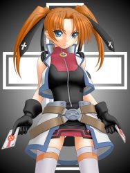 Rule 34 | 00s, 1girl, blue eyes, card, cross mirage, gloves, holding, holding card, lyrical nanoha, mahou shoujo lyrical nanoha, mahou shoujo lyrical nanoha strikers, orange hair, red hair, solo, t2r, teana lanster, thighhighs, twintails, zettai ryouiki