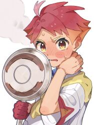Rule 34 | 1boy, blush, blush stickers, commentary request, creatures (company), crispin (pokemon), frying pan, game freak, gloves, hand up, highres, holding, holding frying pan, jacket, looking at viewer, lower teeth only, male focus, neckerchief, nintendo, open mouth, orange hair, partially fingerless gloves, pe cippe, pokemon, pokemon sv, red gloves, red hair, red pupils, short hair, short sleeves, single glove, solo, sweat, teeth, upper body, white background, white jacket, yellow eyes, yellow neckerchief