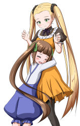 Rule 34 | 10s, 2girls, 3:, :d, ^ ^, ame., aoki hagane no arpeggio, blonde hair, brown hair, dress, closed eyes, friends, green eyes, haruna (aoki hagane no arpeggio), hug, long hair, multiple girls, open mouth, osakabe makie, overalls, pantyhose, puffy pants, smile, twintails, very long hair