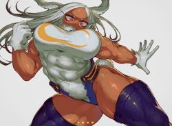 Rule 34 | 1girl, absurdres, animal ears, artist name, boku no hero academia, breasts, clenched hand, covered abs, covered navel, crescent print, dark-skinned female, dark skin, fur collar, gloves, highleg, highleg leotard, highres, ibuo (ibukht1015), large breasts, leotard, long eyelashes, long hair, looking at viewer, mirko, muscular, muscular female, outstretched hand, parted bangs, purple thighhighs, rabbit ears, rabbit girl, rabbit tail, red eyes, solo, tail, taut leotard, thick thighs, thighhighs, thighs, white background, white gloves, white hair, white leotard