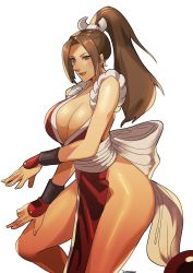 Rule 34 | 1girl, breasts, brown hair, cleavage, fatal fury, high ponytail, highres, large breasts, long hair, pelvic curtain, sep rina, shiranui mai, the king of fighters, wide hips