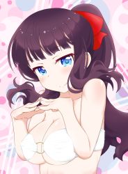 Rule 34 | 1girl, blue eyes, blunt bangs, blush, bow, breasts, brown hair, cleavage, closed mouth, collarbone, commentary request, hair bow, hair ornament, large breasts, long hair, looking at viewer, new game!, o-ring, o-ring top, ponytail, red bow, smile, solo, steepled fingers, takimoto hifumi, u-ron, upper body