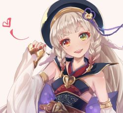 Rule 34 | 10s, 1girl, bare shoulders, bow, detached sleeves, erune, granblue fantasy, hat, hato haru, heterochromia, looking at viewer, open mouth, pholia, red eyes, silver hair, smile, solo, yellow eyes