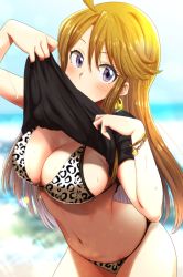 Rule 34 | 1girl, ahoge, bad id, bad twitter id, beach, bikini, black shirt, blue sky, blurry, blurry background, blush, bracelet, breasts, brown hair, cleavage, commentary, covered mouth, cowboy shot, day, earrings, highres, idolmaster, idolmaster million live!, jewelry, large breasts, long hair, looking at viewer, navel, outdoors, run p (aveton), shirt, short sleeves, sky, swimsuit, thighs, tokoro megumi, undressing, water