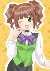 Rule 34 | 00s, 1girl, brown hair, green eyes, idolmaster, idolmaster (classic), idolmaster 1, itsuki sayaka, one eye closed, open mouth, solo, takatsuki yayoi, twintails