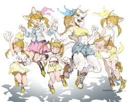 Rule 34 | 6+girls, animal ears, animal hands, blonde hair, body fur, closed eyes, demizu posuka, dog ears, dog tail, female focus, furry, furry female, gloves, grin, jumping, midriff, multiple girls, navel, open mouth, original, paw gloves, pink skirt, short shorts, shorts, simple background, skirt, smile, tail, twintails, white background