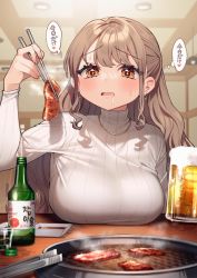 Rule 34 | + +, 1girl, alcohol, beer, beer mug, blush, bottle, breast rest, breasts, brown eyes, brown hair, check commentary, chopsticks, commentary, commentary request, cup, drinking glass, drooling, earrings, food, highres, holding, holding chopsticks, holding cup, indoors, jewelry, large breasts, long hair, long sleeves, meat, mug, necklace, open mouth, original, ribbed sweater, sakura yuki (clochette), saliva, shot glass, solo, soy sauce, sweater, table, thought bubble, tongs, translation request, turtleneck, turtleneck sweater, upper body, white sweater, yakiniku