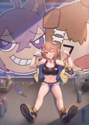 Rule 34 | 1girl, ;p, animal ears, arms up, bare legs, black shirt, blue shorts, blush, bone hair ornament, braid, breasts, brown eyes, brown hair, commentary request, crop top, cup, dog ears, full body, gloves, graffiti, hair between eyes, hair ornament, highres, hololive, hololive gamers, hoso-inu, inugami korone, jacket, large breasts, long hair, looking at viewer, micro shorts, midriff, navel, nekomata okayu, one eye closed, open clothes, open jacket, paintbrush, revision, shirt, shoes, shorts, single glove, sitting, sleeveless, sleeveless jacket, sleeveless shirt, solo, spray can, tongue, tongue out, twin braids, uneg, virtual youtuber, white gloves, wristband, yellow footwear, yellow jacket