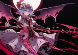 1girl absurdres backlighting bat_wings black_background blue_hair closed_mouth cowboy_shot dark_background flower frilled_skirt frills glowing glowing_eyes hair_between_eyes hat hat_flower hat_ribbon highres jun_wei koumajou_densetsu light_smile making-of medium_hair mob_cap pink_eyes pink_shirt pink_skirt puffy_short_sleeves puffy_sleeves red_ribbon remilia_scarlet ribbon shirt short_sleeves skirt skirt_hold solo spear_the_gungnir tassel touhou touhouvania wings