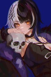 Rule 34 | 1girl, absurdres, black dress, black hair, blue background, blush, breasts, choker, cleavage, coat, dress, fur trim, grey hair, hair ornament, highres, holding, holding skull, hololive, hololive english, jacket, large breasts, long hair, looking at viewer, multicolored hair, naokomama, shiori novella, shiori novella (1st costume), simple background, skull, solo, split-color hair, two-tone hair, upper body, virtual youtuber, white hair, yellow eyes