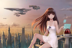 Rule 34 | 1girl, aircraft, airship, bare shoulders, breasts, brown eyes, brown hair, building, chemise, city, cityscape, cleavage, cloud, collarbone, dress, dusk, highres, holographic interface, holographic monitor, long hair, md5 mismatch, original, realistic, revision, ribbon, science fiction, sitting, sky, skyscraper, small breasts, smile, solo, spacecraft, starfighter, youbou
