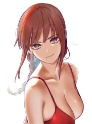 Rule 34 | 1girl, bare shoulders, chainsaw man, collarbone, highres, looking at viewer, makima (chainsaw man), mitsugu, orange eyes, ponytail, red hair, shiny skin, simple background, solo