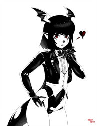 Rule 34 | 1girl, blowing kiss, bow, bowtie, clown, clown nose, coattails, commentary, cowboy shot, english commentary, gloves, greyscale, hand on own hip, head wings, heart, highleg, highleg leotard, highres, inktober, jacket, leotard, long sleeves, looking at viewer, monochrome, monster girl, monster girl encyclopedia, open clothes, open jacket, red eyes, reddgeist, short hair, signature, simple background, slit pupils, smile, solo, spot color, undead, vampire, vampire (monster girl encyclopedia), vest, white background, wings