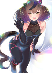 Rule 34 | 1girl, absurdres, alternate costume, animal ears, arm support, armpit crease, bare shoulders, black bodysuit, blush, bodysuit, boots, breasts, brown footwear, brown hair, claw pose, collarbone, covered navel, diffraction spikes, doushi tatsu to dekkai no, ear covers, elbow gloves, gloves, hand up, highres, horse ears, horse girl, horse tail, looking at viewer, medium hair, multicolored hair, nice nature (umamusume), open mouth, panties, purple panties, small breasts, smile, solo, standing, standing on one leg, streaked hair, string panties, sweat, tail, twintails, umamusume, underwear, white background, yellow eyes