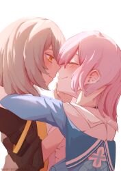 Rule 34 | 2girls, absurdres, artist name, black jacket, blue jacket, blush, closed eyes, closed mouth, commentary, couple, english commentary, eye contact, face-to-face, from side, hand in another&#039;s hair, hand on another&#039;s chin, hand on another&#039;s face, highres, honkai: star rail, honkai (series), hug, imminent kiss, jacket, long hair, long sleeves, looking at another, march 7th (honkai: star rail), mariposa minako, medium hair, multiple girls, pink hair, profile, shirt, simple background, sleeve rolled up, smile, stelle (honkai: star rail), trailblazer (honkai: star rail), twitter username, upper body, white background, white shirt, yellow eyes, yuri