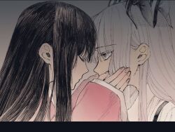 Rule 34 | 2girls, black eyes, black hair, bow, closed eyes, closed mouth, commentary request, covering another&#039;s mouth, face-to-face, fingernails, from side, fujiwara no mokou, hair bow, hand over another&#039;s mouth, hands on another&#039;s face, highres, houraisan kaguya, long hair, long sleeves, looking at another, maki keigo, multiple girls, pink shirt, shirt, sleeves past wrists, suspenders, touhou, upper body, white hair, wide sleeves