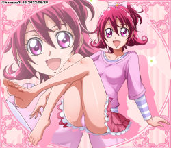 Rule 34 | 1girl, aida mana, barefoot, breasts, collarbone, dated, dokidoki! precure, frilled skirt, frills, hanzou, highres, looking at viewer, medium breasts, open mouth, panties, pantyshot, pink background, pink panties, pink shirt, pink skirt, precure, red hair, shirt, sitting, skirt, small breasts, smile, soles, solo, twitter username, underwear, zoom layer