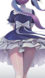 Rule 34 | 1girl, ahoge, back bow, blue dress, blue hair, blue skirt, bow, braid, character sheet, choker, colored inner hair, dalcom, dress, dress bow, facing away, frilled dress, frilled shirt collar, frills, from behind, head out of frame, high-waist skirt, highres, hololive, long hair, minato aqua, minato aqua (1st costume), multicolored hair, pleated skirt, puffy short sleeves, puffy sleeves, purple hair, sailor collar, short dress, short sleeves, sidelocks, simple background, skirt, solo, standing, streaked hair, thighs, twin braids, twintails, virtual youtuber, white background, white bow