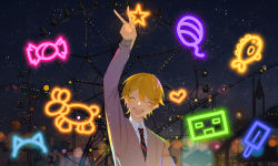 Rule 34 | 1boy, absurdres, amusement park, animal ears, arm at side, balloon, balloon animal, beige sweater, blue necktie, candy, carousel, cat ears, closed eyes, collared shirt, dress shirt, eyelashes, facing viewer, ferris wheel, fish, food, hand up, heart, highres, kamiyama high school uniform (project sekai), lens flare, male focus, necktie, neon lights, night, night sky, open mouth, orange hair, outdoors, parai0, popsicle, project sekai, robot, roller coaster, school uniform, shirt, sky, smile, star (sky), star (symbol), starry sky, striped, striped necktie, sweater, teeth, tenma tsukasa, tower, upper teeth only, v, white shirt