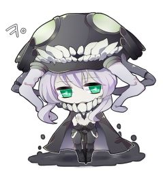 Rule 34 | 10s, 1girl, abyssal ship, bad id, bad pixiv id, bodysuit, cane, cannon, cape, chibi, gloves, green eyes, hat, kantai collection, pale skin, paradoxical-ky, short hair, silver hair, solo, standing, teeth, turret, weapon, white background, wo-class aircraft carrier