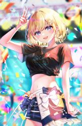 Rule 34 | 1girl, :d, black shirt, blonde hair, blue eyes, bracelet, confetti, hair ornament, half-skirt, highres, hololive, hololive english, idol, jewelry, looking at viewer, midriff, navel, open mouth, shirt, short hair, shorts, smile, solo, sowon, sweat, tied shirt, v, virtual youtuber, watson amelia