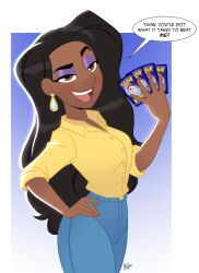 Rule 34 | 1girl, aeolus, ava&#039;s mother, breasts, brown eyes, brown hair, card, creatures (company), curvy, dark-skinned female, dark skin, earrings, english text, eyelashes, game freak, highres, jewelry, large breasts, long hair, looking at viewer, naughty face, nintendo, open mouth, playing card, playing games, pokemon, pokemon: path to the peak, pokemon tcg, pussy juice, seductive gaze, shiny skin, shirt, signature, smile, solo, very long hair, wide hips, yellow shirt