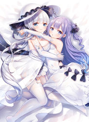 Rule 34 | 2girls, :o, abandon ranka, age difference, asymmetrical docking, azur lane, bed sheet, black bow, black ribbon, blue eyes, blush, bow, breast press, breasts, child, closed mouth, commentary request, detached sleeves, dress, elbow gloves, feet, garter straps, gloves, hair bun, hair ornament, hair ribbon, hat, highres, illustrious (azur lane), large breasts, long hair, long sleeves, looking at viewer, looking to the side, low twintails, lying, mole, mole under eye, multiple girls, no shoes, on side, one side up, onee-loli, parted lips, purple eyes, purple hair, ribbon, see-through, side bun, silver hair, single hair bun, single side bun, sleeves past wrists, small breasts, smile, strapless, strapless dress, thighhighs, twintails, unicorn (azur lane), very long hair, white dress, white gloves, white hat, white legwear, yuri